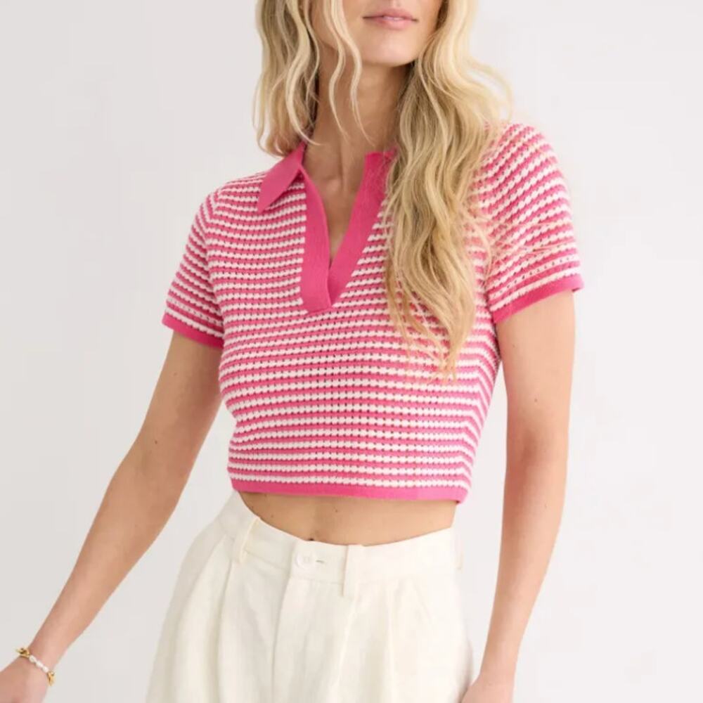 Women's Pink Striped Knit Polo Crop Top